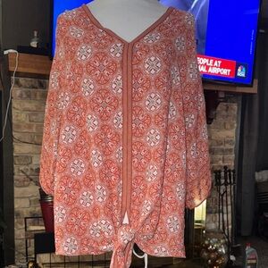 Max Studio Orange Patterned Tie-Hem V-Neck Tunic